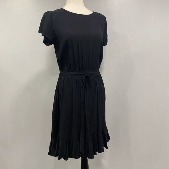 LOFT S Black Godet Flounce Ruffle Viscose Blouson Pleated Swing Dress Whimsigoth - Picture 2 of 16